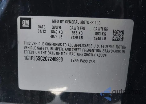 2012 Chevrolet Cruze Eco z USA, uszkodzony, nr VIN 1G1PJ5SC2C7246990